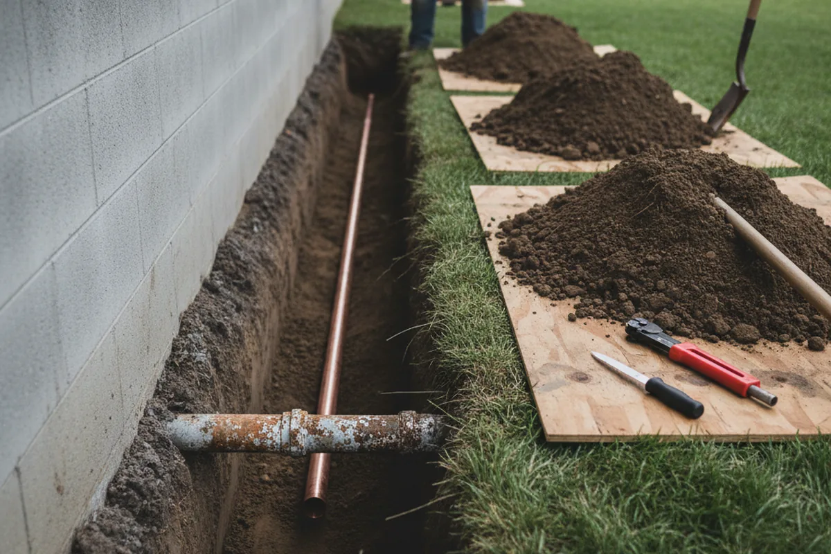 Excavated water line trench during Water Softener Installation in Dunfermline